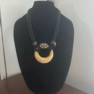 Black Beaded Statement Necklace with Large Gold Crescent Pendant Boho